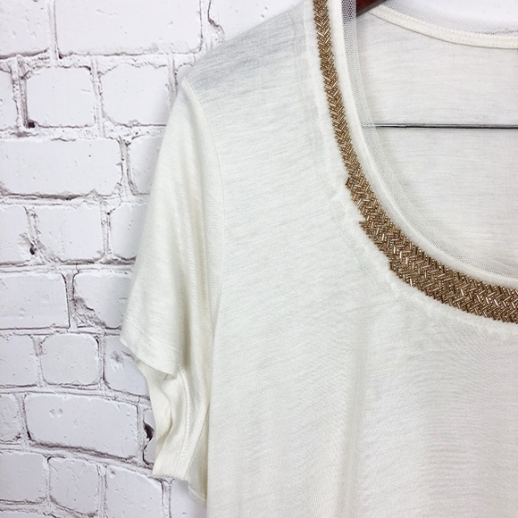 Banana Republic | Cream Tee with Gold Beaded Neckline | Size Extra Large - Picture 4 of 8